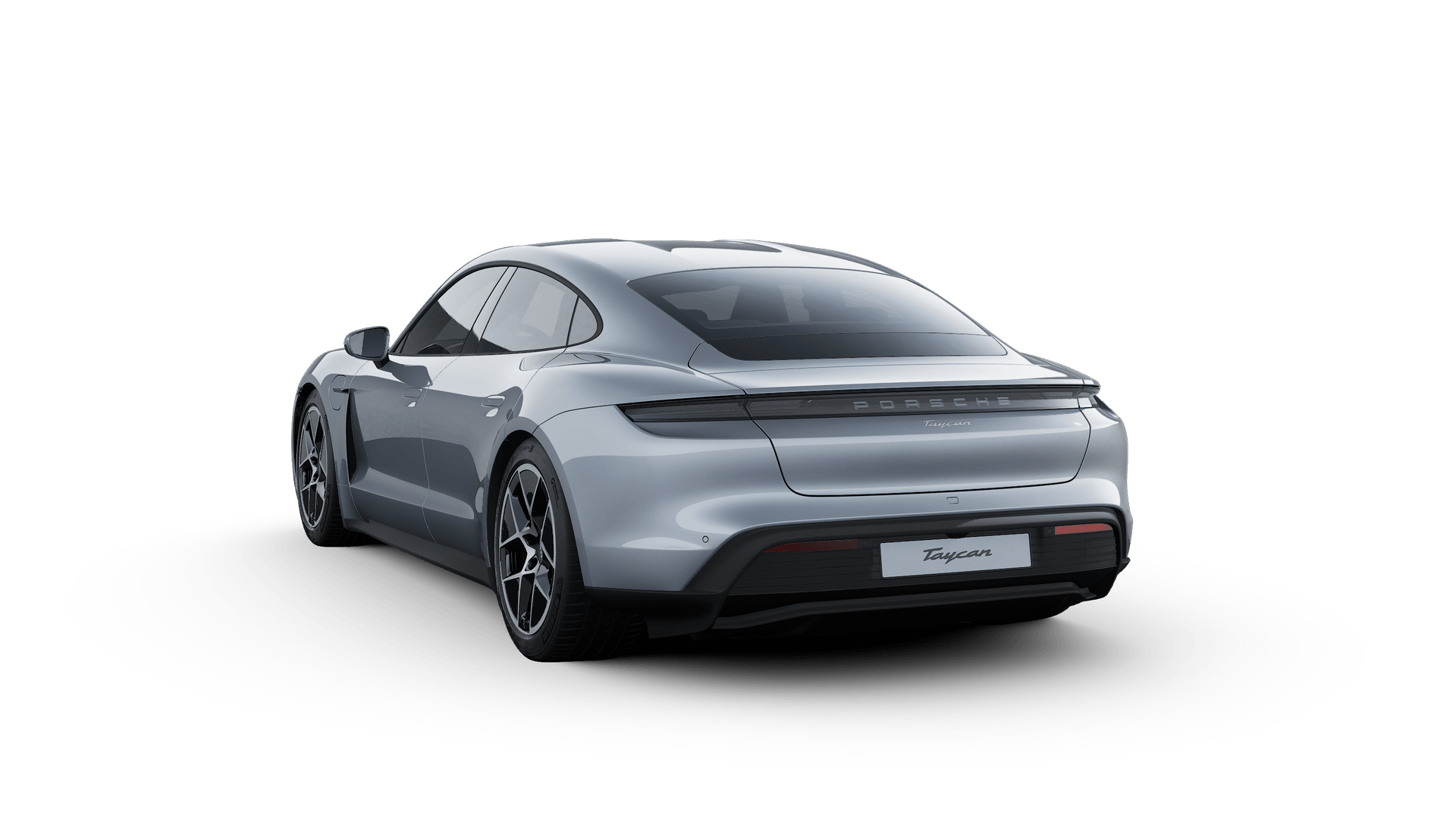 Taycan 的外景，显示汽车的背面和左侧
